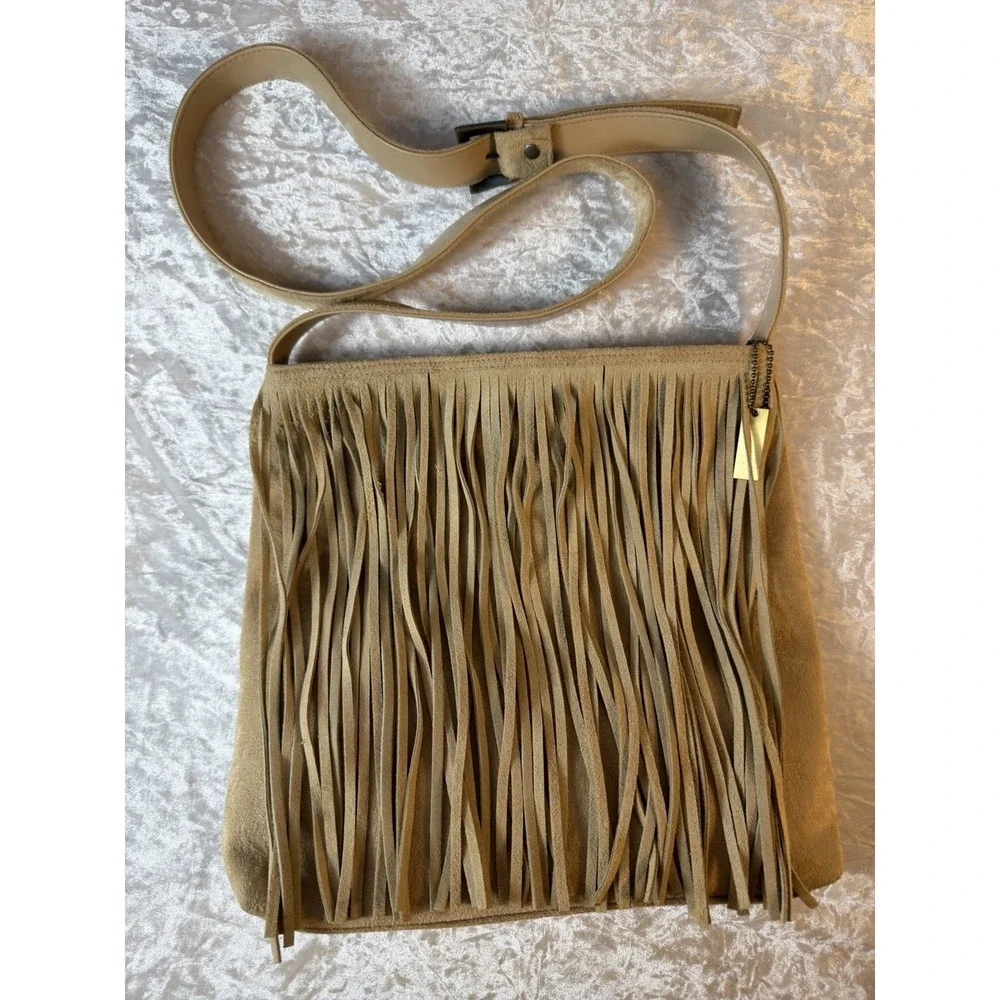 Charter Club Suede Leather Fringe Shoulder Bag Tan Boho Western Crossbody